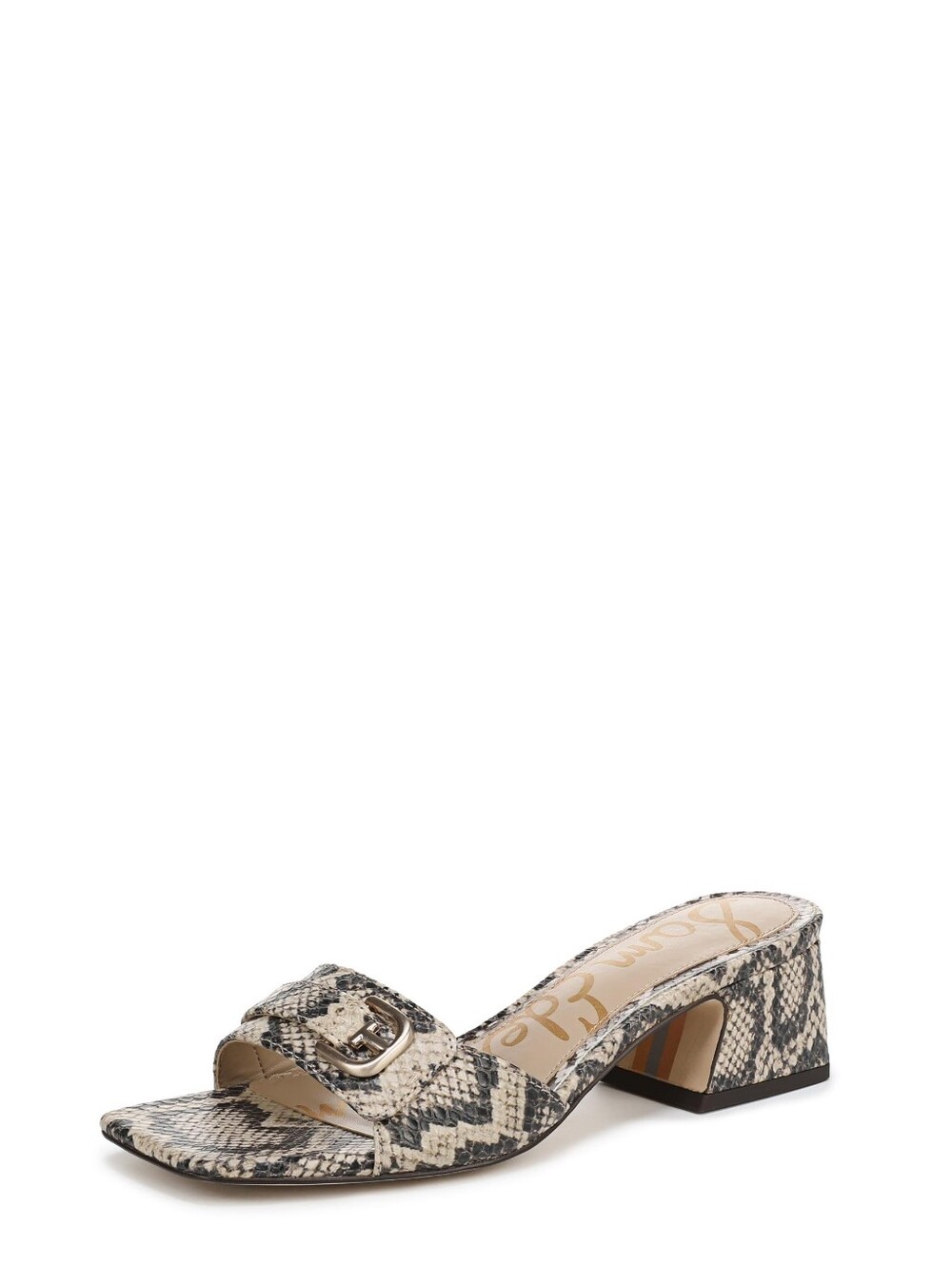 Sam Edelman Womens Wilma Tan/Beige Snake-Print Buckle Slide Heeled Sandal, 7.5